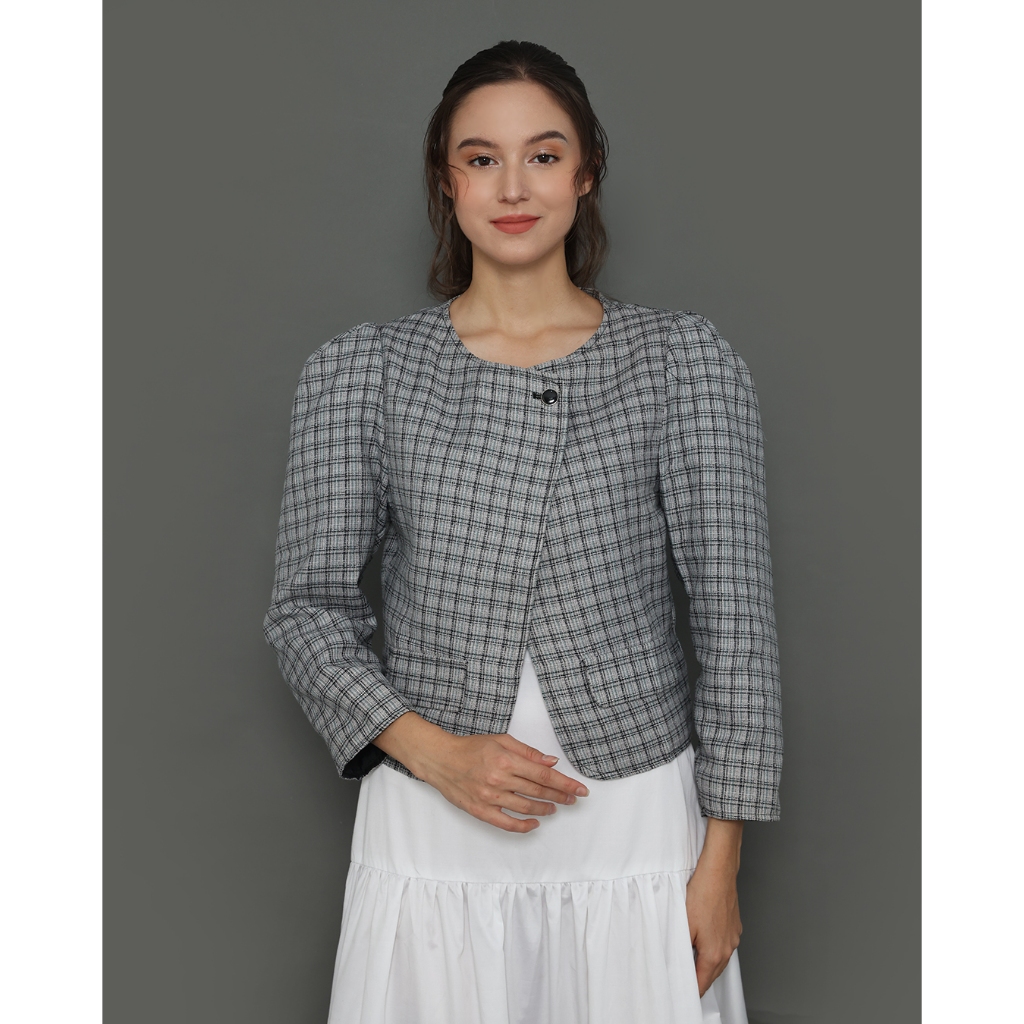 InCozy Reona Blazer - เบลเซอร์ทํางานครอปลายสก๊อตลําลองผู้หญิงสไตล์เกาหลี
