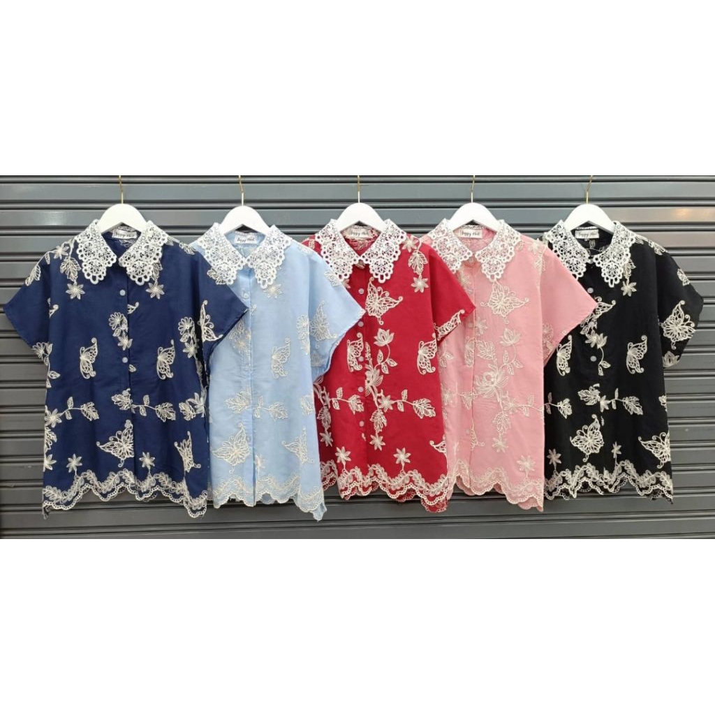 KEMEJA KATUN เสื้อเชิ้ตปักแขนสั้นผู้หญิงมีกระดุมผ้าฝ้าย happy money bangkok bkk