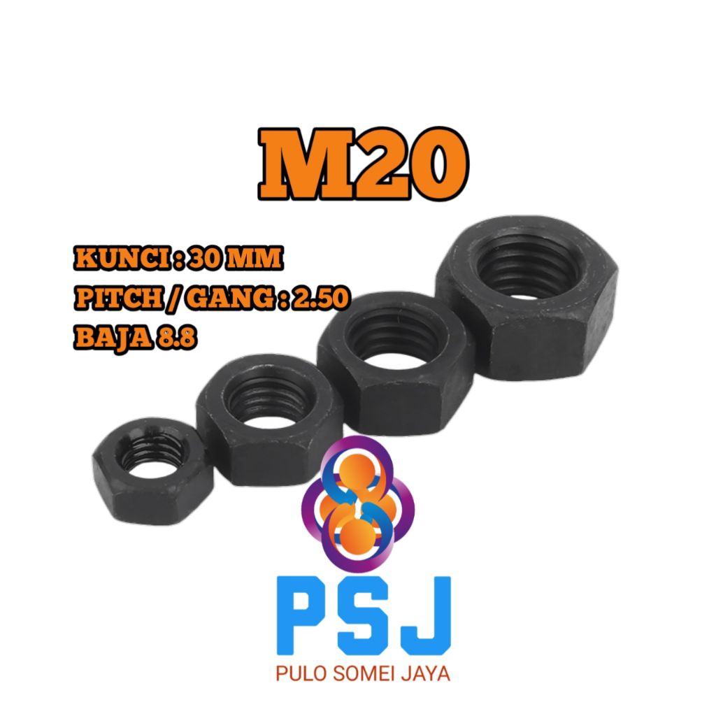 น็อตเหล็ก 8.8 M20 x 2.50 กุญแจ 30 / น็อตหกเหลี่ยม เหล็ก 8.8