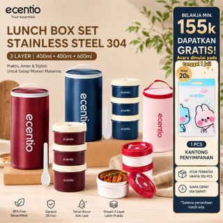 [Versi 2.0] ecentio Kotak Makan Stainless 304 3 Lapis Bulat Anti Bocor Anti Tumpah BPA Free Lunch Box Lengkap Tas Bekal Free Sendok Garpu Tempat Bekal Sekolah Kantor Piknik