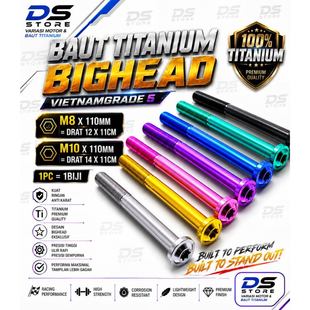 BIGHEAD BOLT M8 THREAD 12 / M10 THREAD 14 / M8X110 M10X110 TITANIUM VIETNAM GRADE 5 1 ชิ้น