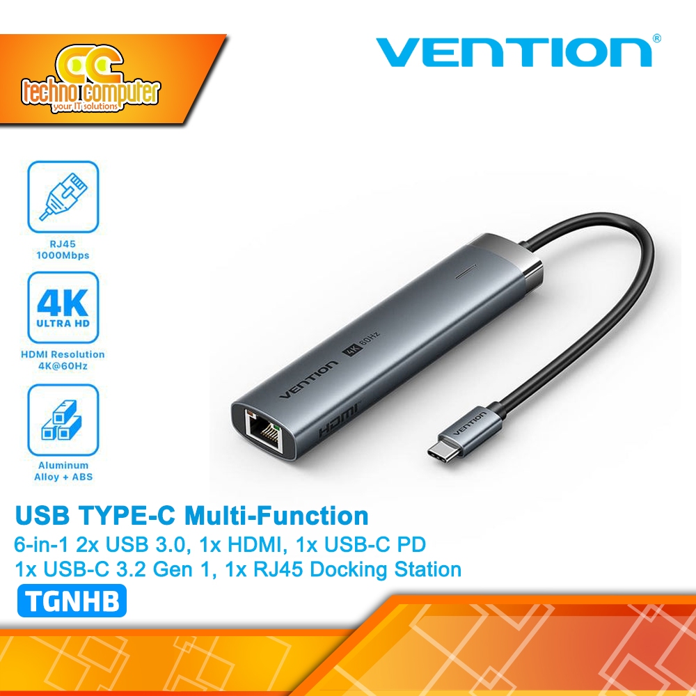 VENTION Multi-Function 6-in-1 Type-C USB HUB HDMI PD RJ45 Docking Station - TGNHB