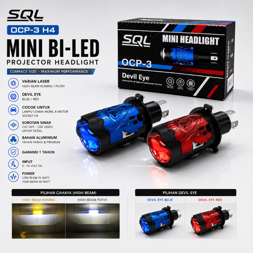 Mini Bild H4 SQL OCP 3 ไฟหน้าขนาดเล็ก Devil Laser สีขาวและสีเหลือง