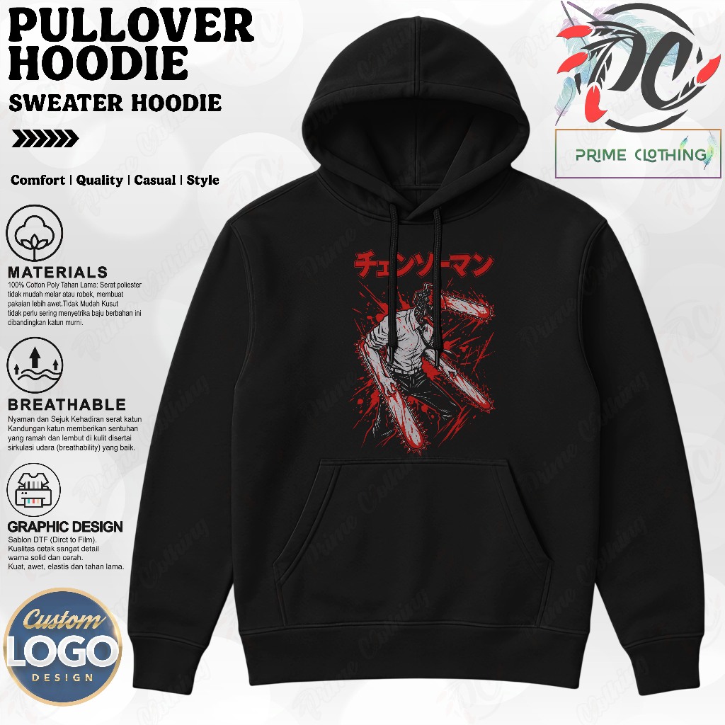 HOODIE ผู้ใหญ่ผู้ชายและผู้หญิง HOODIE สีดํา HOODIE SWETER ออกแบบโลโก้ที่กําหนดเองอะนิเมะ CHAINSAW MA