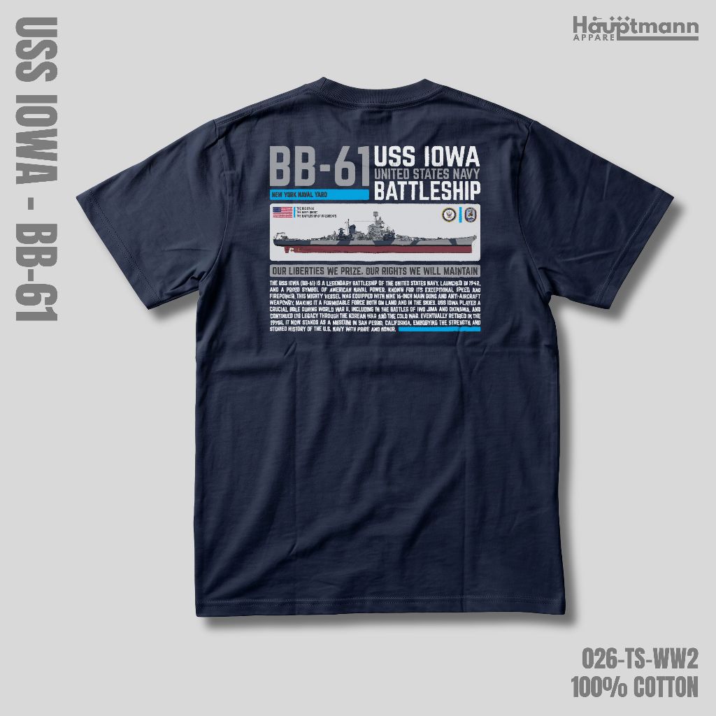 Hauptmann - เสื้อยืด Unisex - USS Iowa BB-61 - Battleship - WWII - Cotton 100% - พรีเมี่ยม - 026