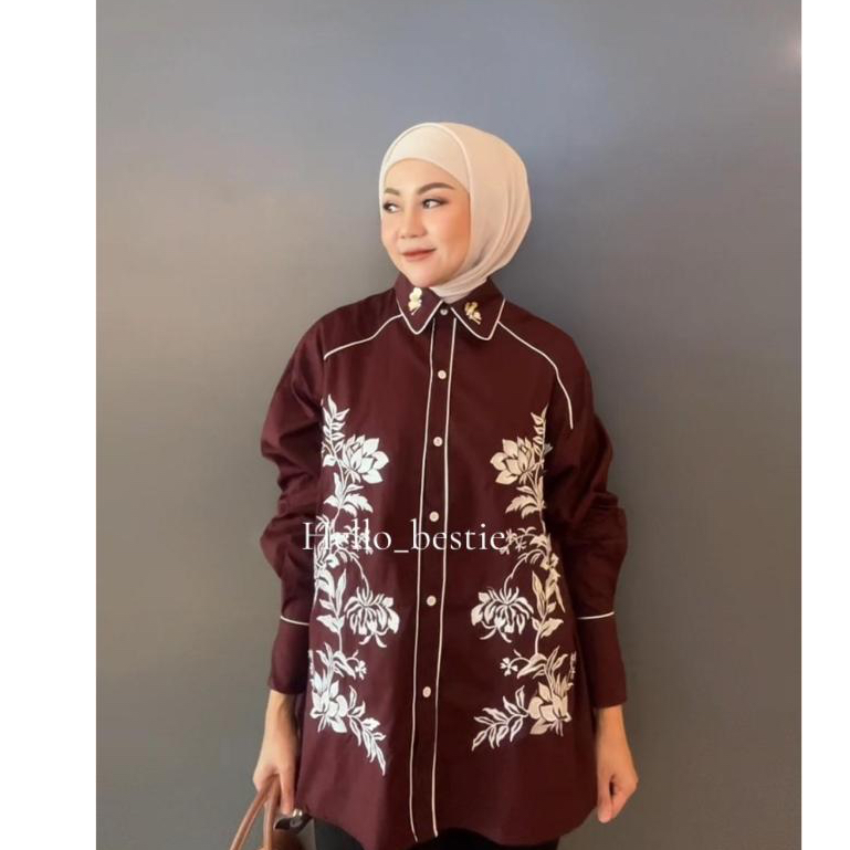 KEMEJA Hello Bestie Aresta Oversize เสื้อเชิ้ตผู้หญิง LD 110 ซม. & 130 ซม.แขนยาวปักลายดอกไม้