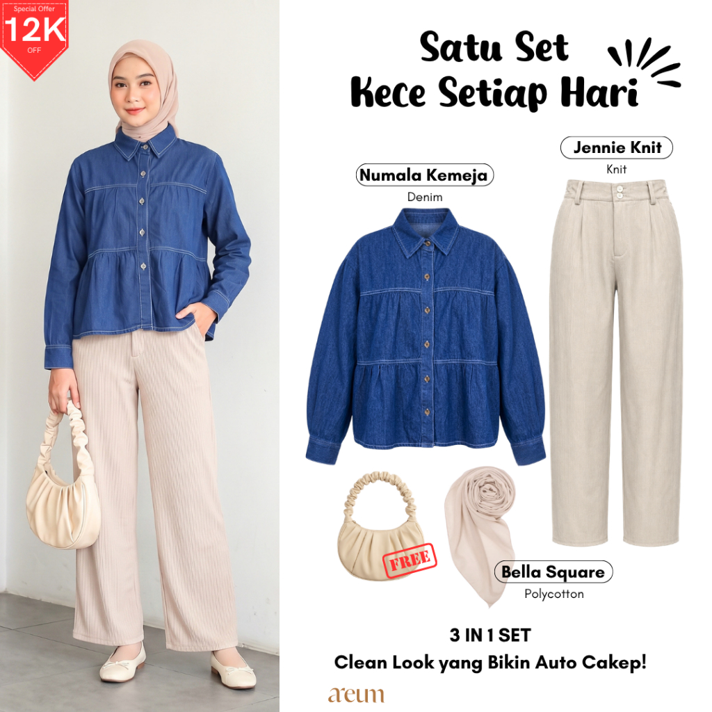 KEMEJA Womens 3IN1 Set Numala Denim Shirt + กางเกงถัก Jennie - Simple, Hassle-Free Outfit NEW 509