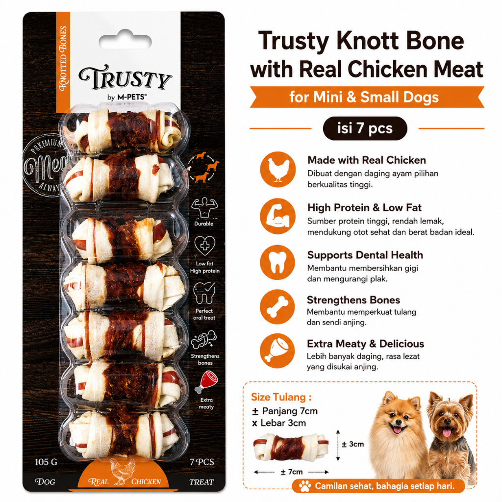 Trusty Knott Bone ไก่เนื้อพิเศษ 7 ชิ้น 105gr สําหรับ Mini & Small Dogs ขนาด 2.5 "x1 1/4" / 7x3 ซม. -