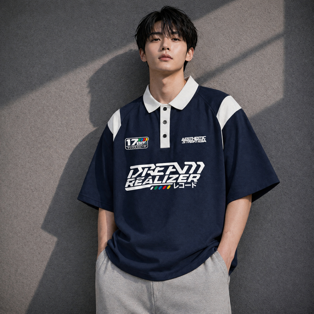 Nxdomain Oversize Dreamer Navy White Cotton 24s เสื้อโปโลรักบี้ระดับพรีเมียม