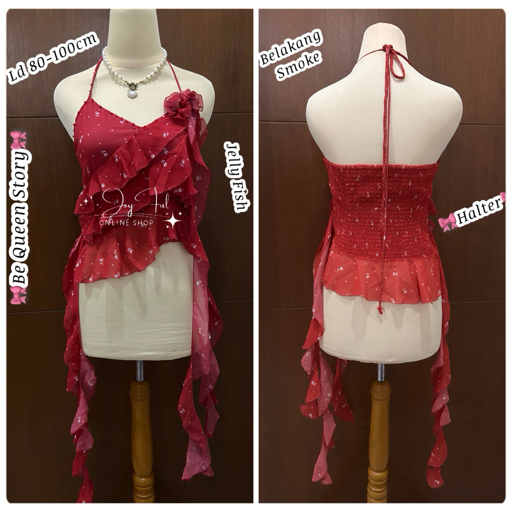 MERAH ผู้หญิงดอกไม้สีแดงลูกไม้ Halter Jelly Fish Top ขนาด Ld 80-100 ซม.