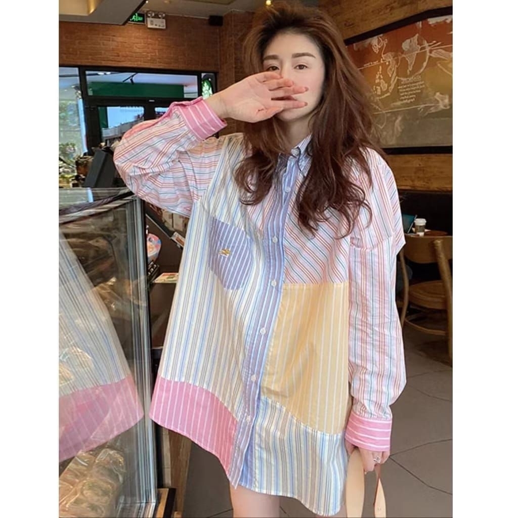 2480 ASTELLA PATCHWORK STRIPED SHIRT สไตล์เกาหลี