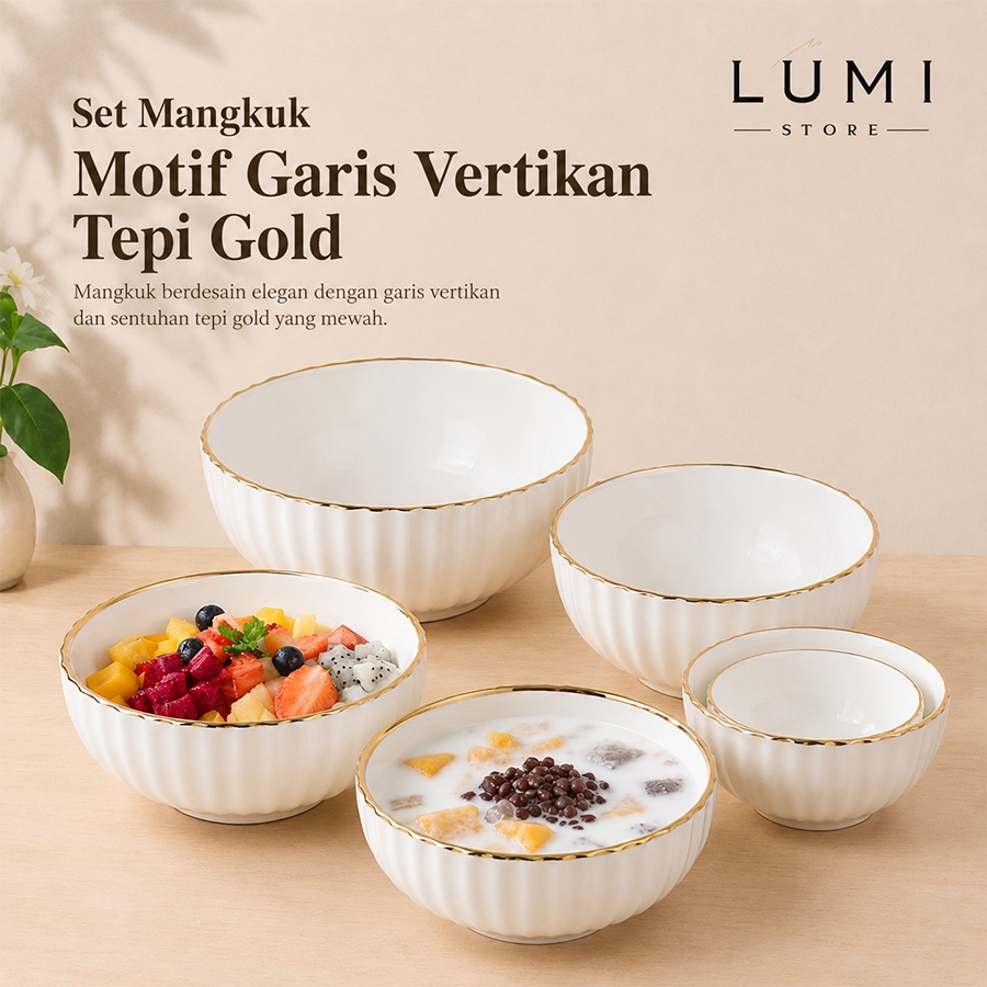 Premium Gold Rim Vertical Striped Motif ชามเซรามิค / Gold Rim Nordic Style White Ceramic Bowl Set / 