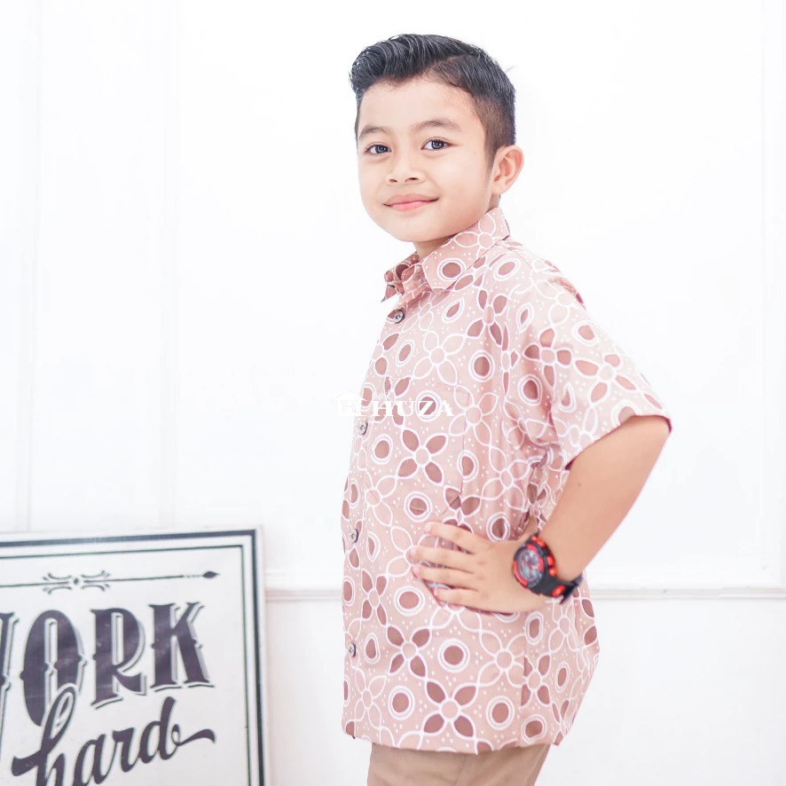 KAMEJA BATIK HUZA KiDS - เสื้อเชิ้ตแขนสั้นแขนสั้นของ CHILDRENS AXCEL HEM (4L)
