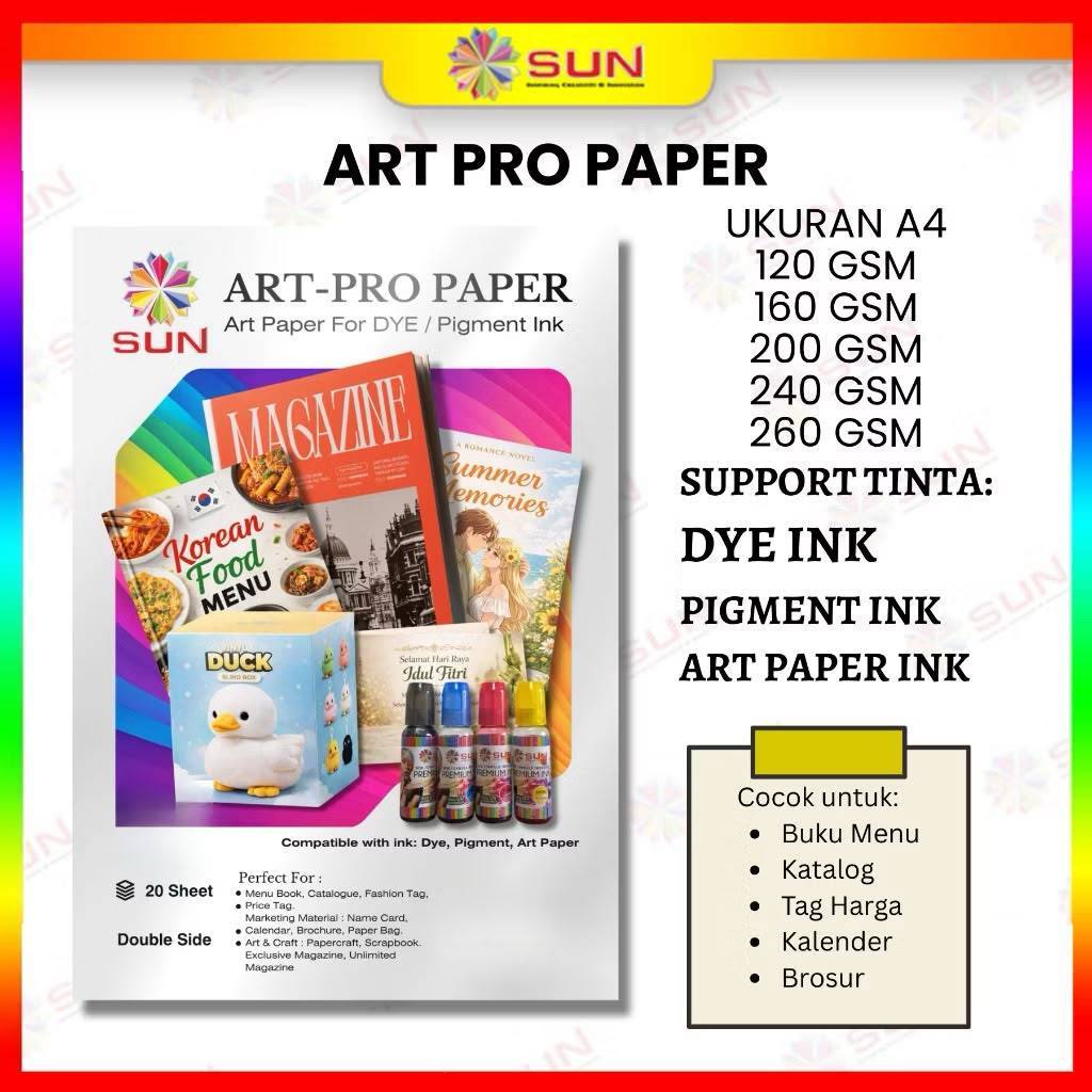 กระดาษศิลปะ A4 สําหรับหมึกย้อม - SUN ART PRO PAPER 120, 160, 200, 240, 260 แกรม A4 สองด้าน / 2 ด้าน