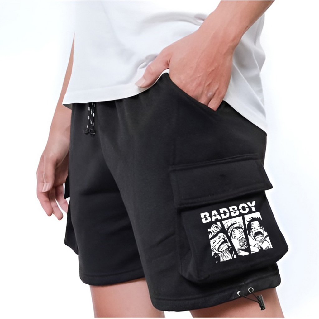 BADBOY ASL Cargo Shorts กางเกงสีดําสุดเท่มีกระเป๋าสองข้าง