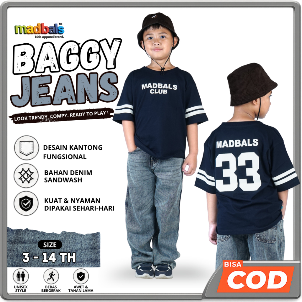 MADBALS Baggy Pants Jeans Denim Sandwash Stretch Boys | หญิง หญิง | Unisex 3-14 Years BB 11KG-40KG