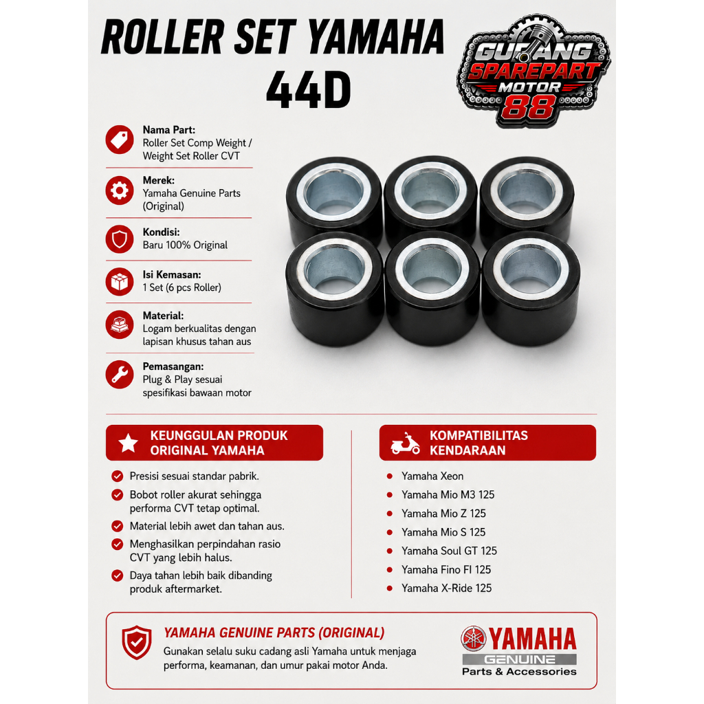 44D-WE763-00 ORIGINAL ROLLER SET COMP WEIGHT 44D YAMAHA XEON MIO M3 MIO Z MIO S S SOUL GT 125 FINO F
