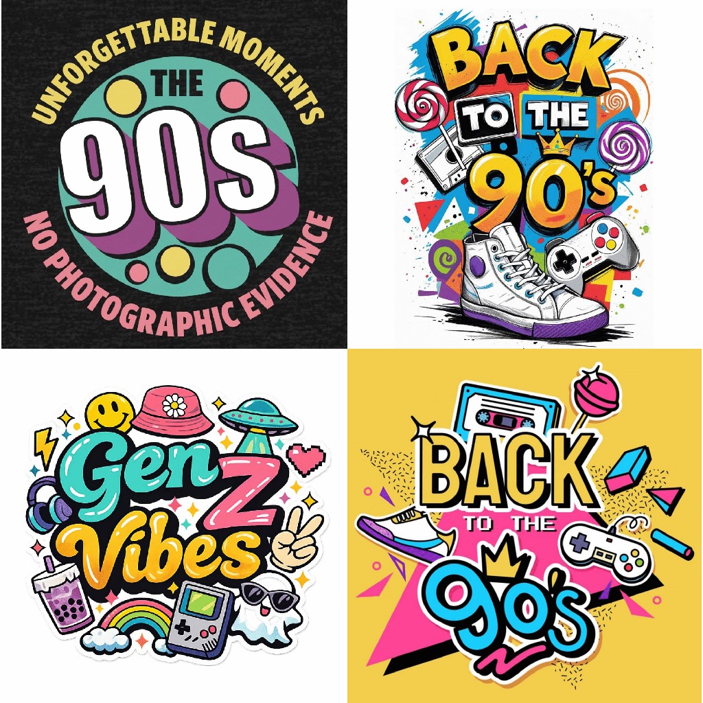 การพิมพ์หน้าจอ DTF พร้อมกด 90s Vibe & Retro Nostalgia - Aesthetic Back to the 90s เสื้อยืดและสติ๊กเก
