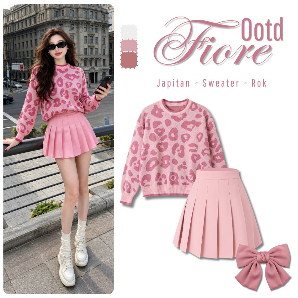 Viral Coquette Teen Outfit Set [Leopin Crop Sweater + กระโปรงสั้น + เย็บ] Leopard MOtif สําหรับสาวๆ 