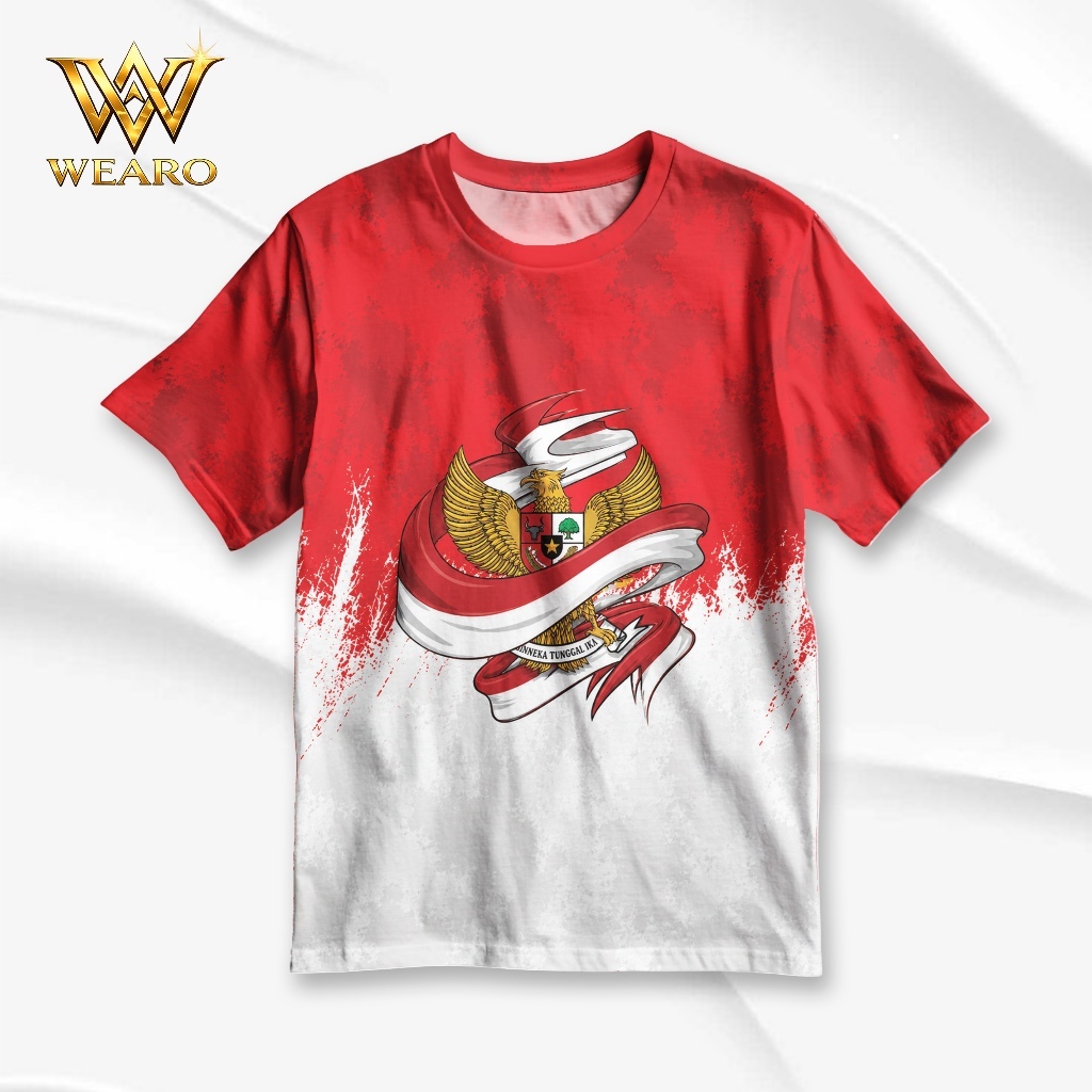 MERAH WEARO Full Print Garudati Red and White Motif T-shirt – Unisex Casual Short Sleeve Independenc