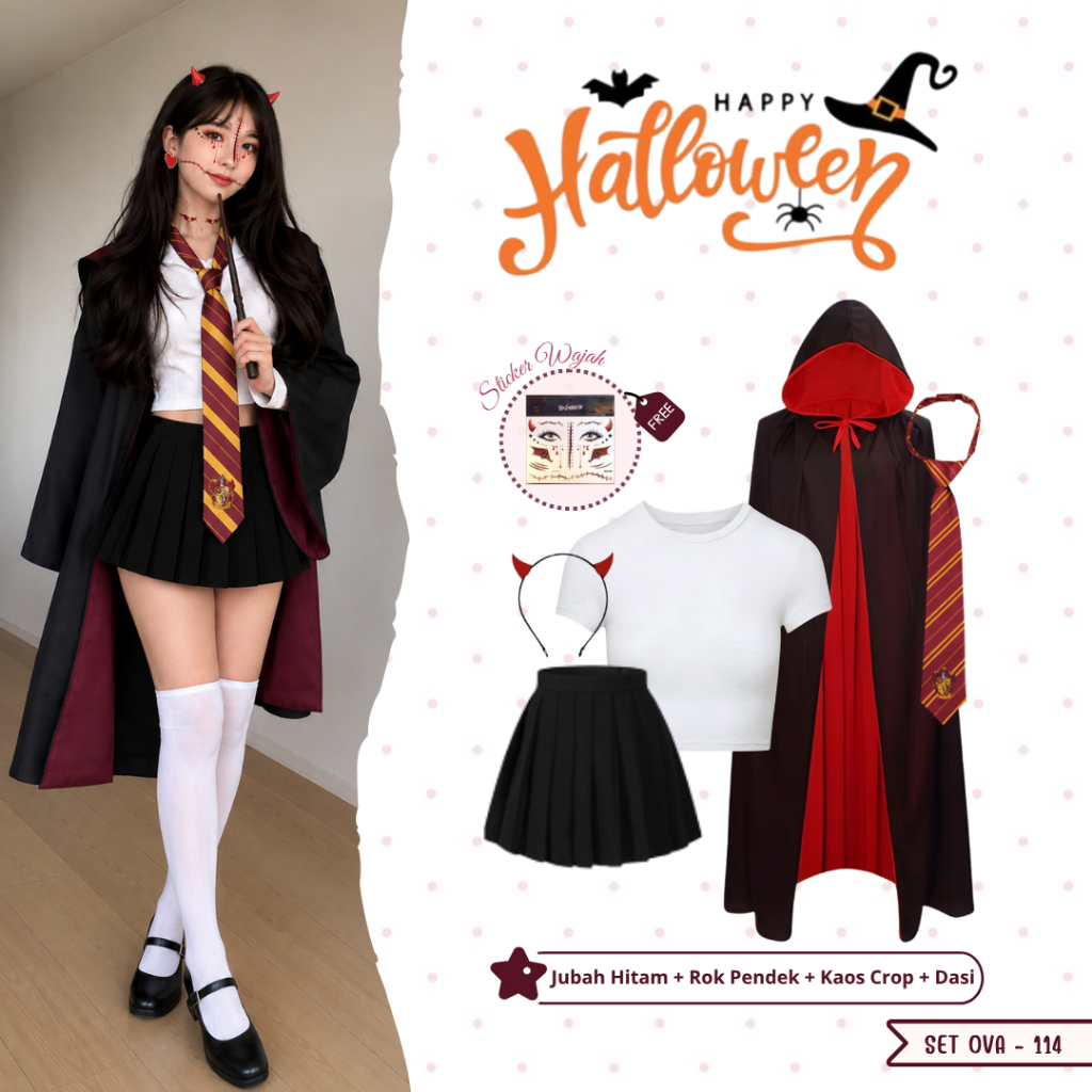 Orivawear - 4in1 ชุดคอสเพลย์ฮาโลวีน (เสื้อคลุม Costume + กระโปรงสั้น + เสื้อครอป) คอสเพลย์แม่มด - SE