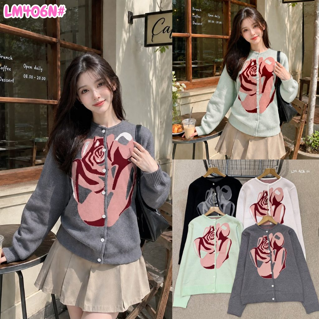HAPPY SHOP - ผู้หญิง KNIT CARDIGAN TOP LM406N 406 LM408N 408 PREMIUM ABSTRACT FLOWER MOTIF ปุ่มด้านห