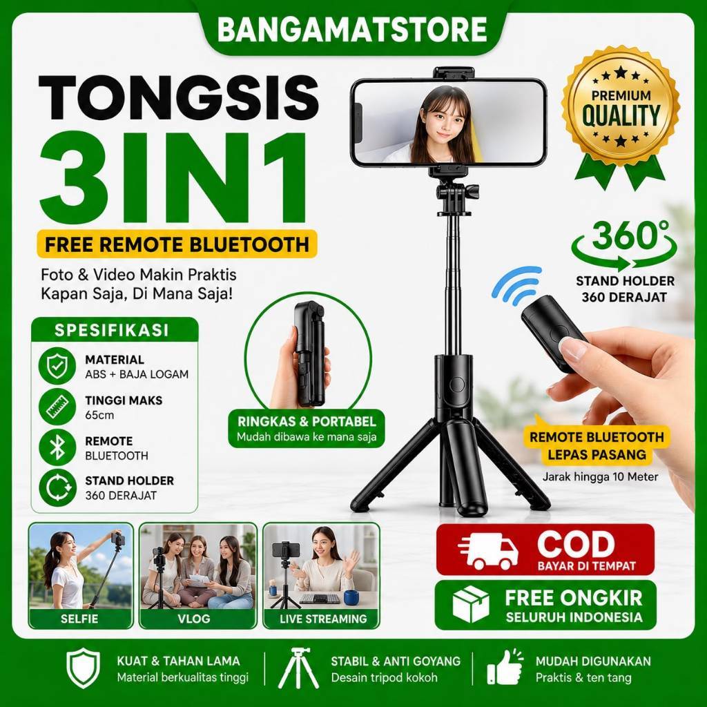 ไม้เซลฟี่บลูทูธแบบพกพา 3 in 1/ แหนบ/ ขาตั้งกล้อง 3in1 รีโมทคอนโทรลผู้ถือ HP BAS