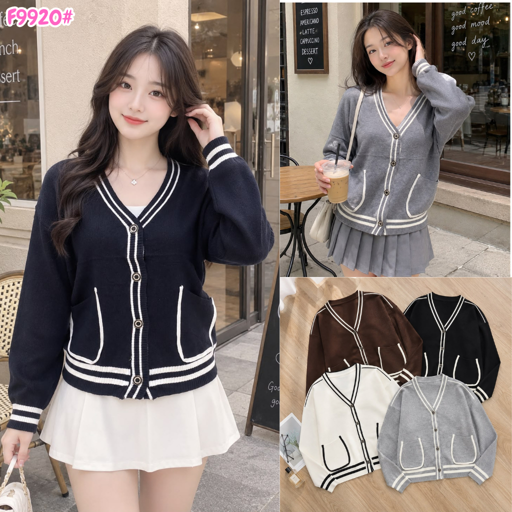 HAPPY SHOP - V-NECK KNIT CARDIGAN TOP F9920 9920 PREMIUM KNIT LONG SLEEVE ปุ่มด้านหน้า COOL OUTER 2 