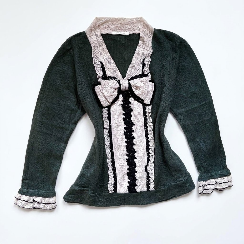 HIJAU Ax3s F3emme Ribbon Lace Pointelle ถักเสื้อแขนยาวคอวี | ตาไก่ fairycore สีเขียวป่าโบฮีเมียนโบรเ