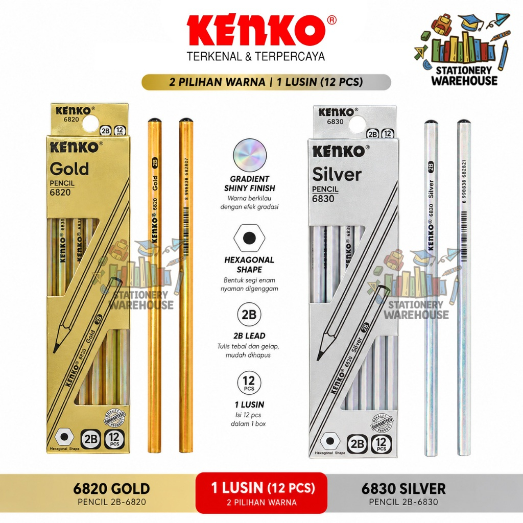 KENKO 2B-6820 Gold 2B-6830 Silver 2B Pencil 1 กล่อง 12 ชิ้น