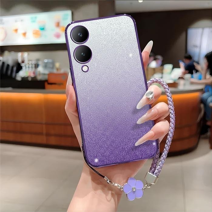 เคสสําหรับ Vivo Y17s Y27 Y27s Y28 นุ่มหรูหรา Glitter TPU ซิลิคอนฟรีดอกไม้เชือกเส้นเล็กสายคล้อง