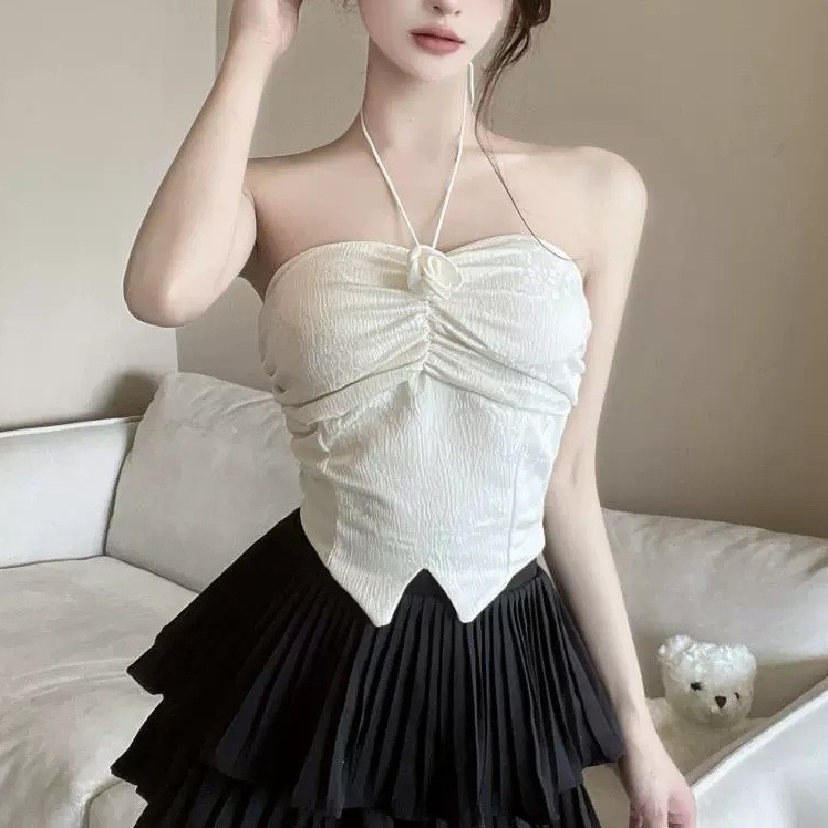 [TTEUDA] เสื้อกล้ามเชือกรูดลูกไม้สําหรับผู้หญิงพร้อมสายคล้องคอลายดอกไม้สไตล์เกาหลี หลากหลาย | เสื้อก