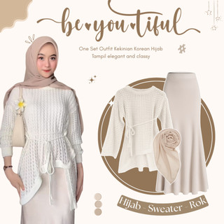 Setelan Wanita Kekinian | One Set 3in1 | Outfit Pantai Aesthetic | Sweater + Rok + Hijab - CM125N