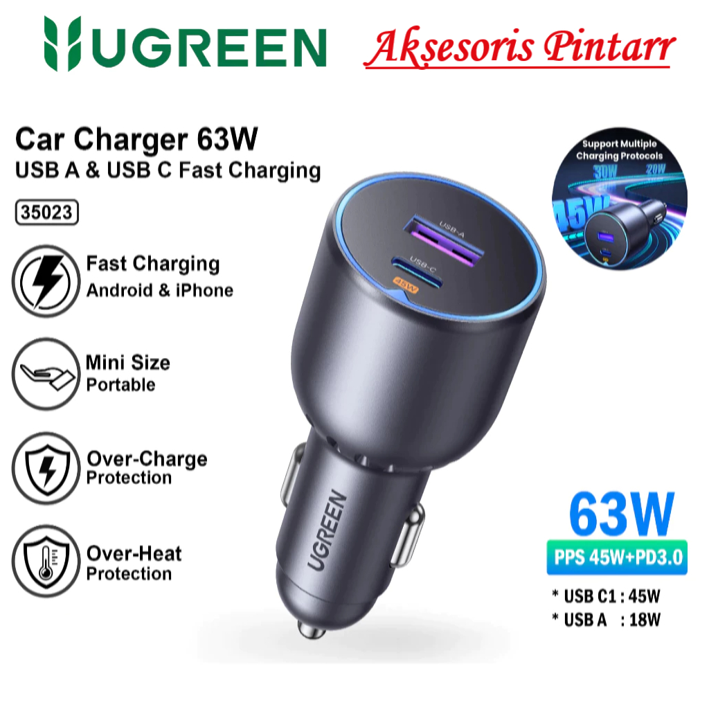 UGREEN Car Charger Dual Port USB A & Type C PD QC Fast Charging 63W 35023