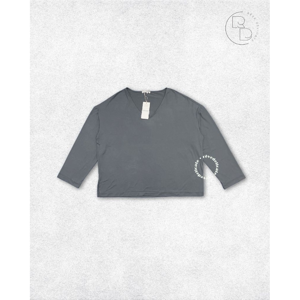 KATUN OYSHO Original Womens Long Sleeve Top Size L - Casual Minimalist Grey V คอยืดผ้าฝ้ายเสื้อยืด