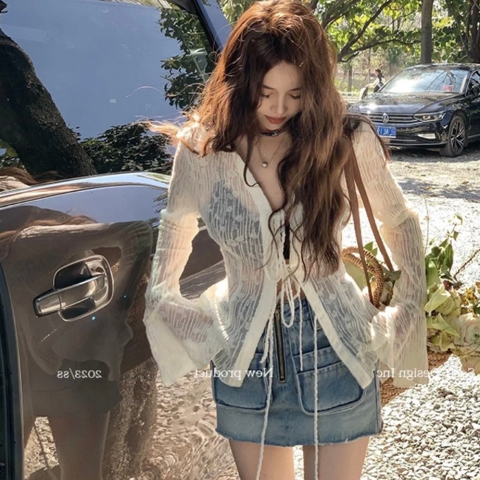 เกาหลี V คอแขนยาว Drawstring Tulle คาร์ดิแกน 2231