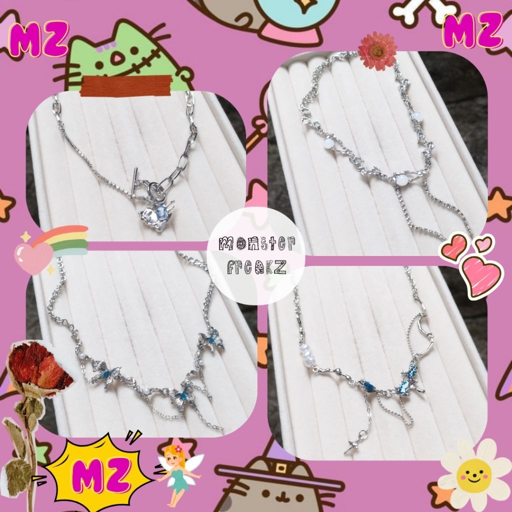 MZ - Y2K Love n สร้อยคอโซ่ผีเสื้อ | สร้อยคอโซ่คริสตัลเงินความงามฮิปฮอป