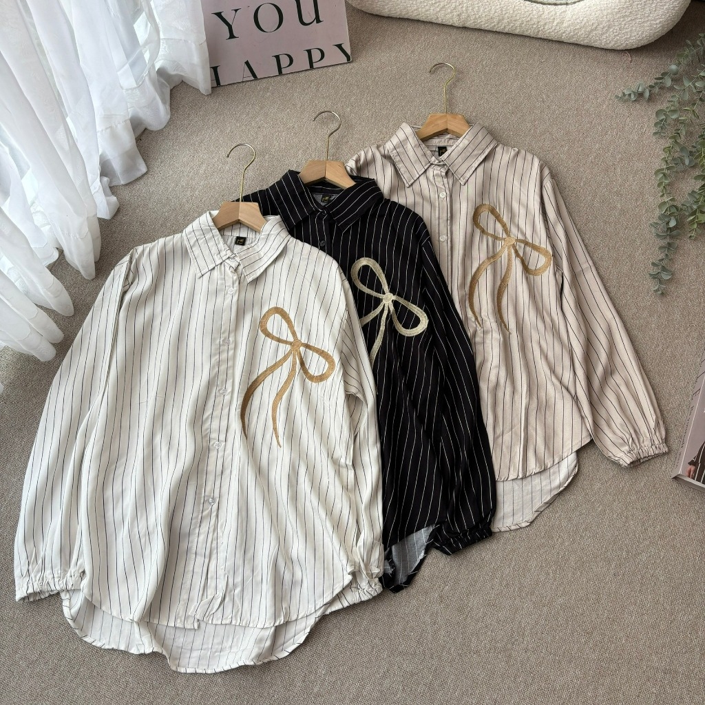 KEMEJA ZENITA Womens coquette Ribbon Top - ปัก coquette Striped Shirt LD 120 - เสื้อเรยอน Twill