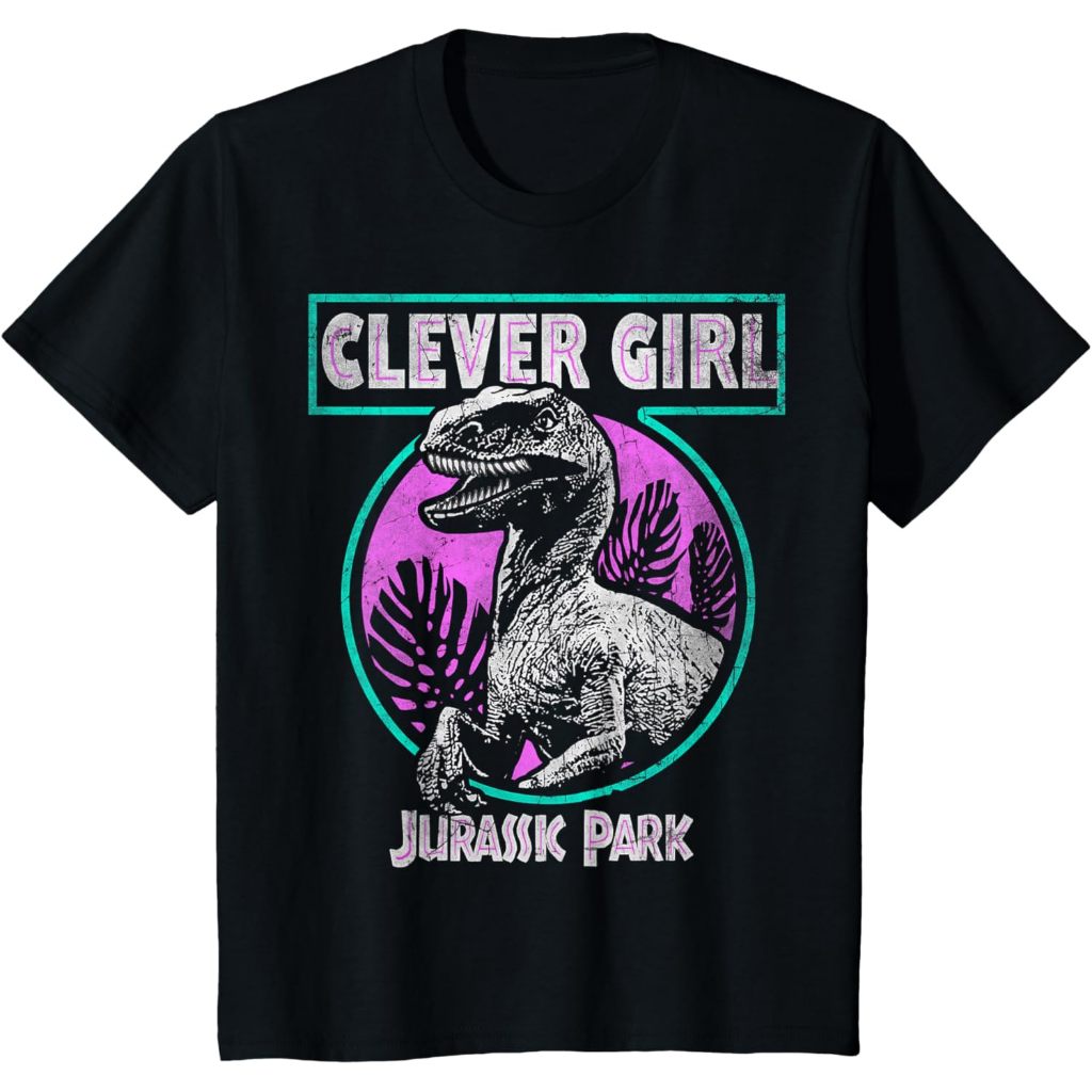 เสื้อยืดแขนสั้น Jurassic Park Distressed Teal Raptor Clever Girl ของ Amber