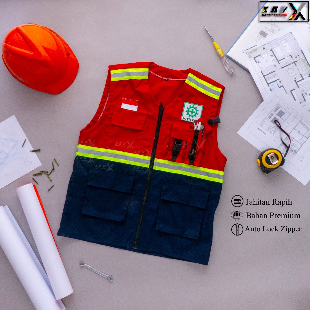 MERAH XAV - K3 Project Safety Vest สีแดง - สีกรมท่ารวมกัน
