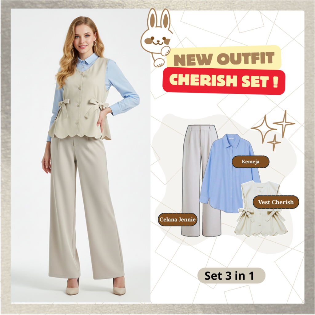 KEMEJA Look Blue Outfit ( กางเกง Jennie Ivory + เสื้อ + เสื้อกั๊ก Cherish) ชุดวัยรุ่นอินเทรนด์