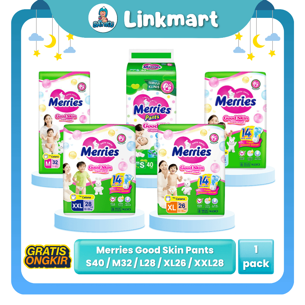 MERRIES GOOD SKIN DIAPERS M34 & L30 & XL26 MERRIES DIAPERS
