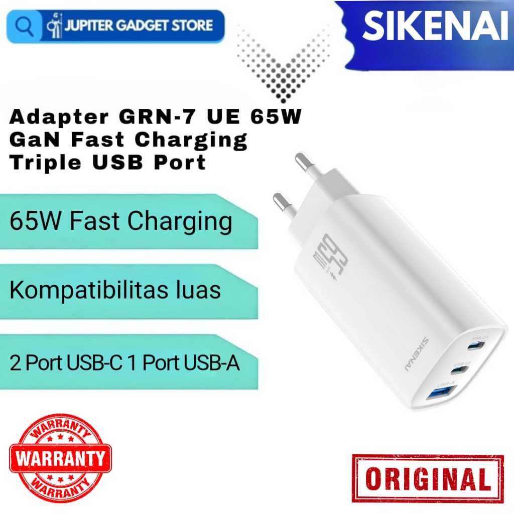 เครื่องชาร์จ Sikenai GRN-7 Gan 65W Super Fast Charger เอาต์พุต 3 พอร์ต