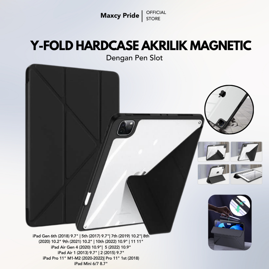เคส Y-Stand อะคริลิค iPad Gen 11/10 7/8/9 5/6 10.2" Air 6 1/2 9.7 "/Pro 11"/Mini 6/7 Clear Flip Magn