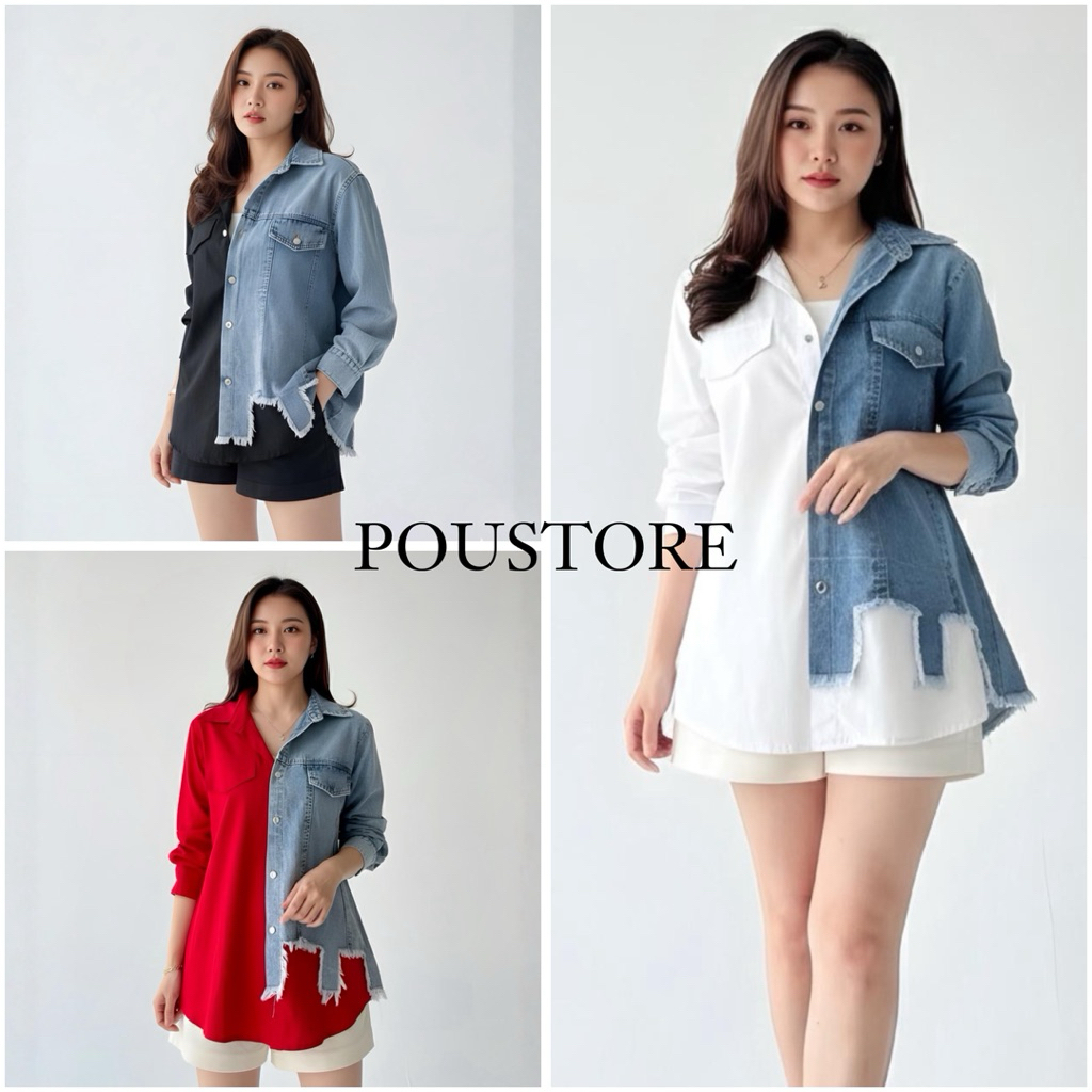 KEMEJA HORA DENIM SHIRT / PREMIUM COTTON COMBINATION DENIM SHIRT / เสื้อลําลองผู้หญิง