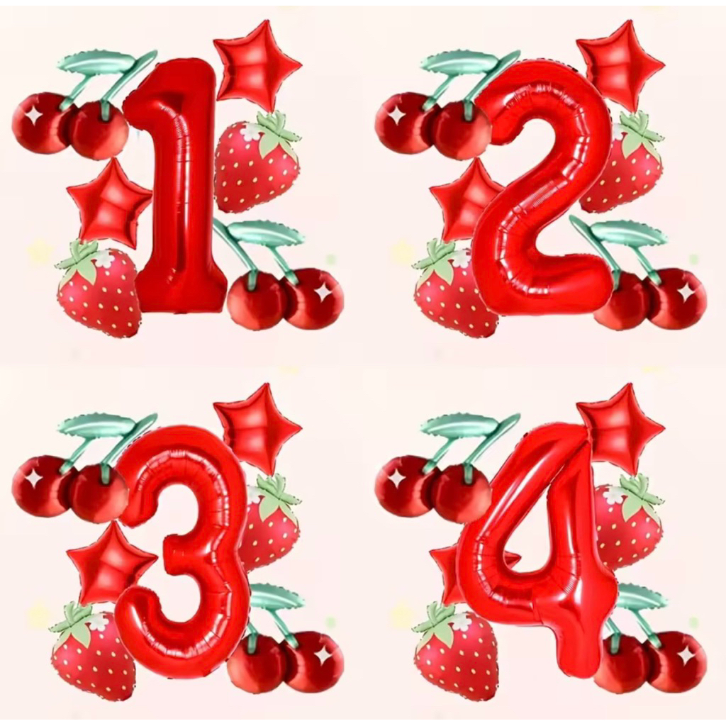 MERAH 7 ชิ้น RED STAR NUMBERS STRAWBERRY CHERRY BALLOON PACKAGE