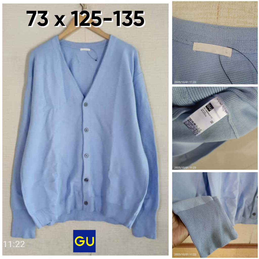 GU คาร์ดิแกน By UNI Baby Blue Blue V คอขนาด L ผู้ชายผู้หญิง 3D ถักหนา Unisex OB506