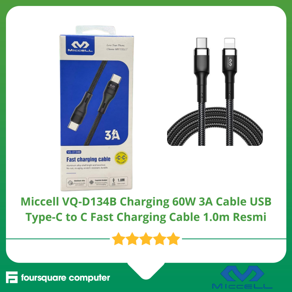 Miccell VQ-D134B ชาร์จ 60W 3A สาย USB Type-C to C สายชาร์จเร็ว 1.0m อย่างเป็นทางการ