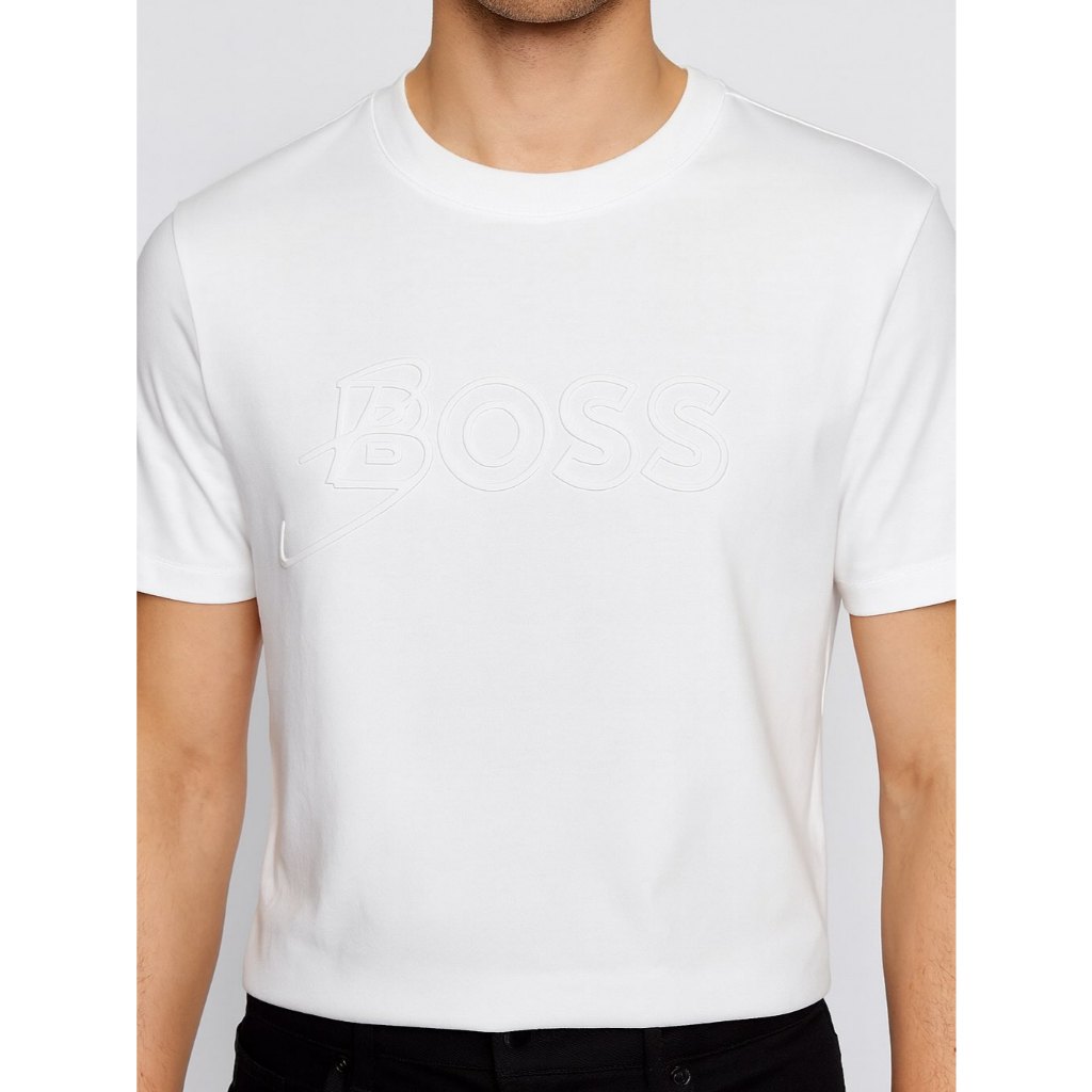 BOSS BY HUGO BOSS COTTON JERSEY เสื้อยืดพิมพ์ลายโลโก้ยาง - สีขาว (XL)