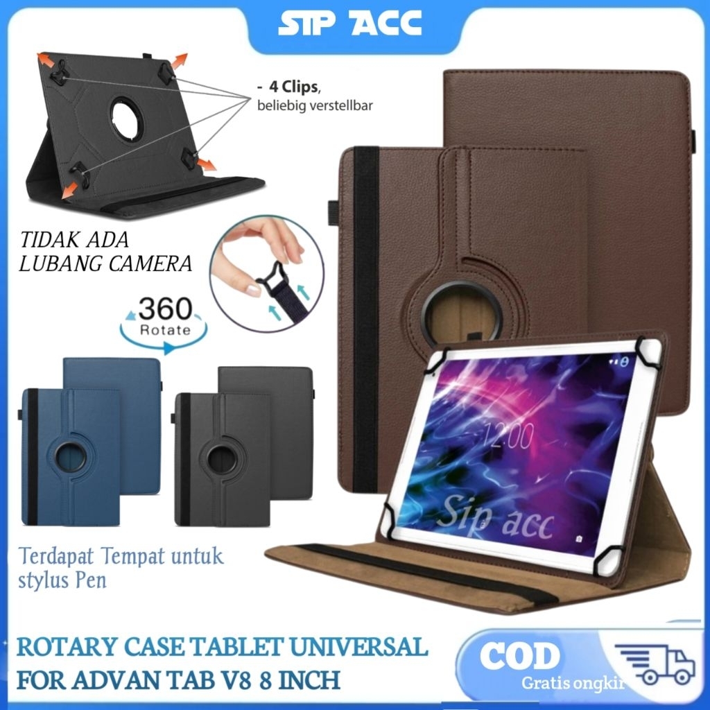 Advan Tab V8 - 8.4 Inc Rotary Case Flip Book Cover Universal Tablet Case Tab Stand Slot Pen
